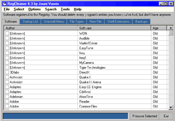 RegCleaner/Startup Tab