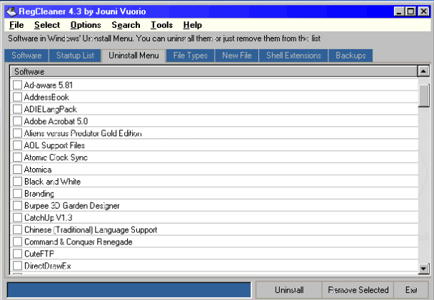 RegCleaner/Uninstall Tab